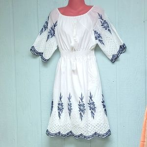 Kindred Size White Embroidered Eyelets On/Off shoulder Bohemian Dress